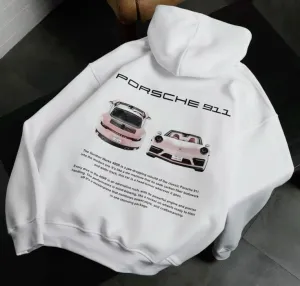 Porsche 911 Printed Oversized White Hoodie - Car Racing Vintage Hoodie