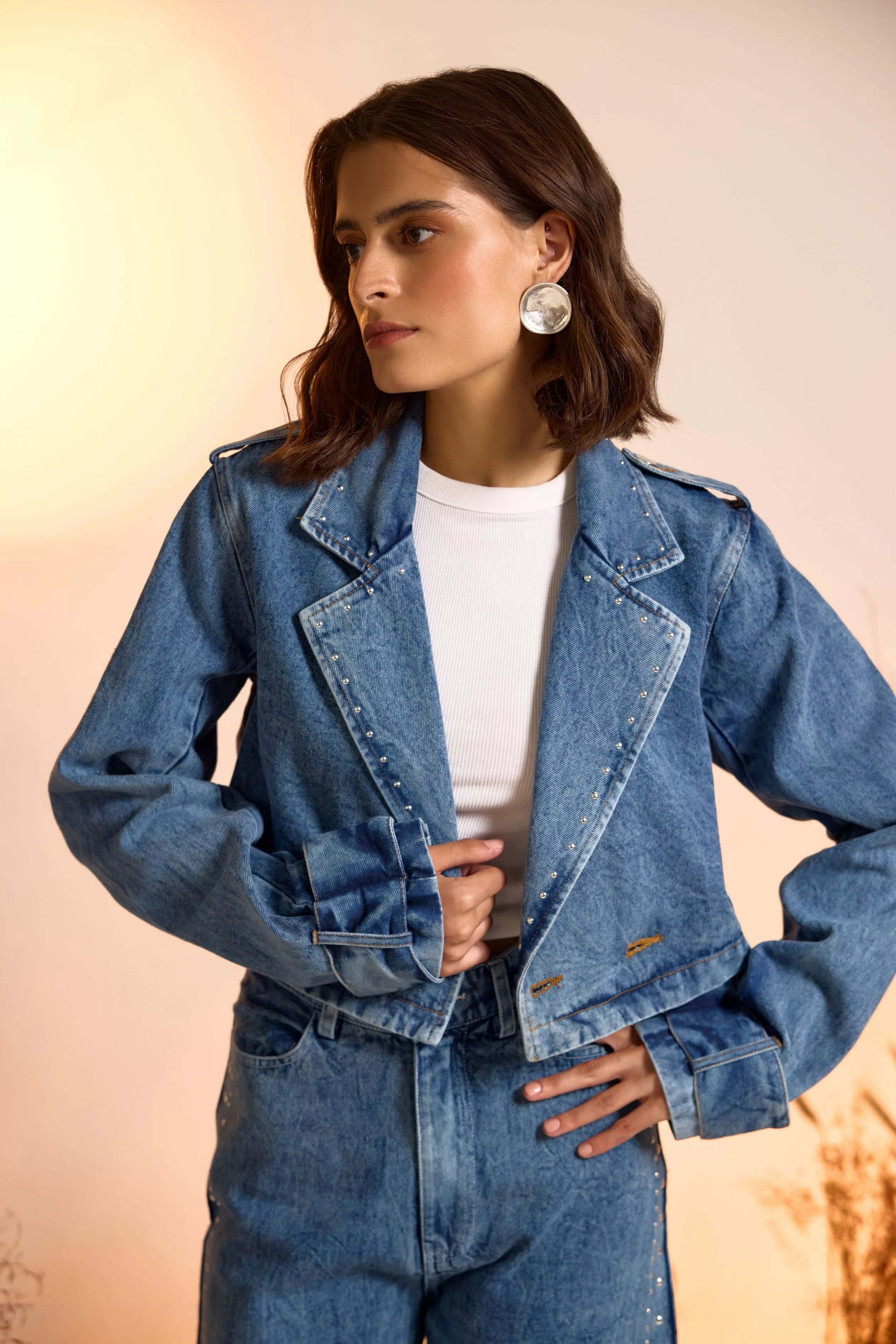 Rebel Chic Studded Denim Belted Jacket