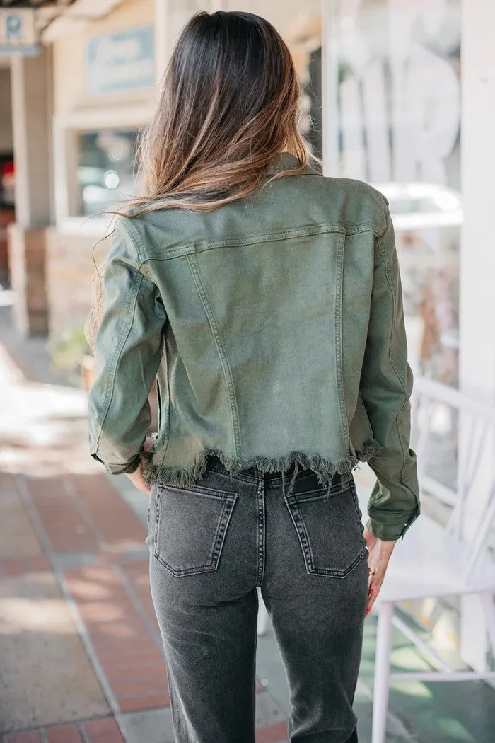 Rebel Cropped Denim Jacket -Olive