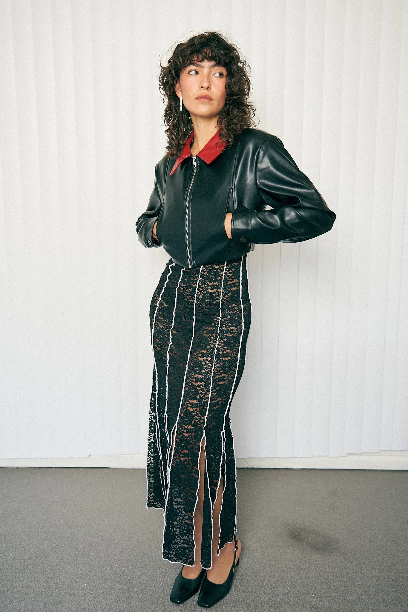 Red Collar Plant Leather Crop Jacket