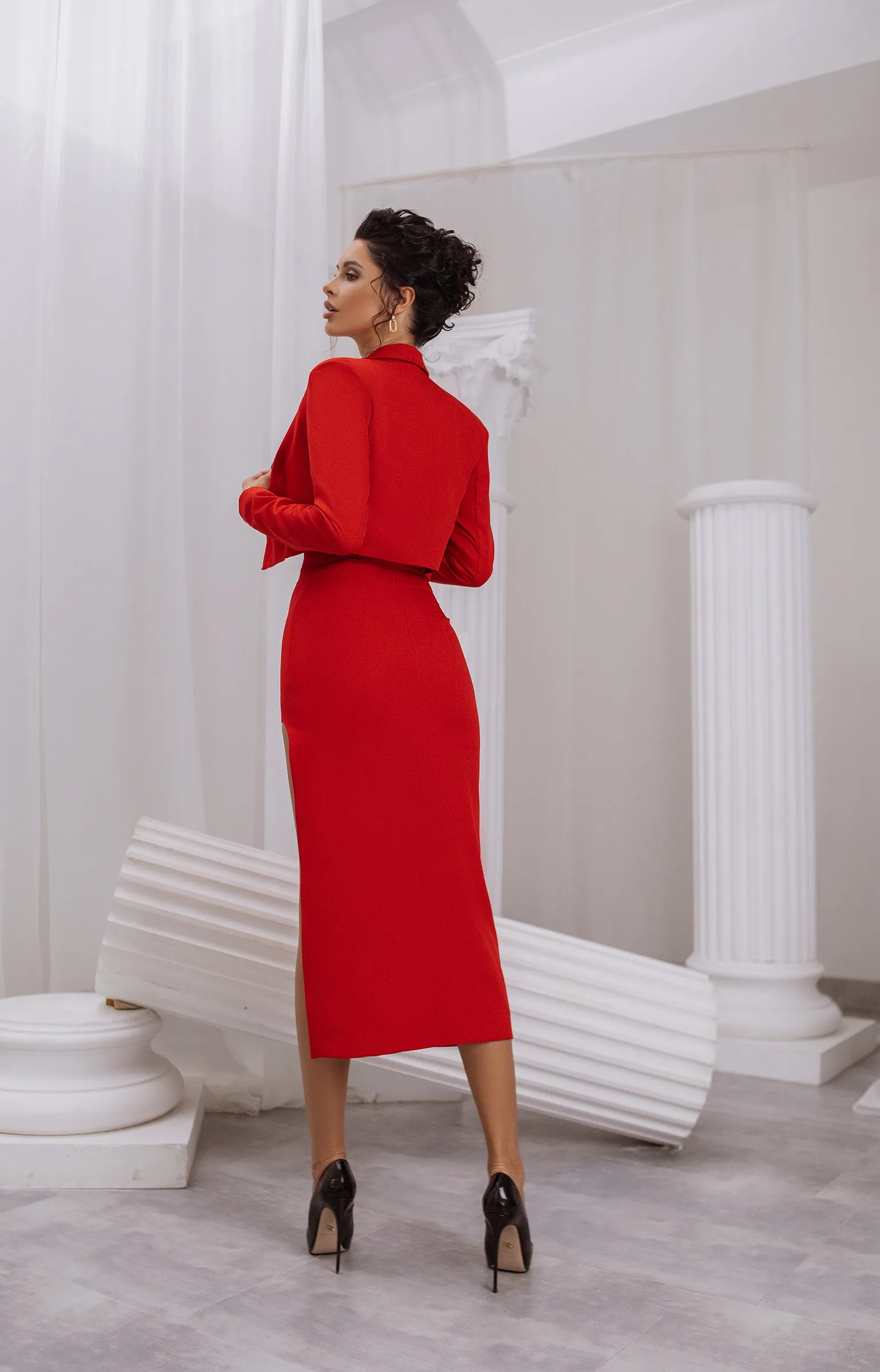 Red Crop Jacket Skirt Suit 2-Piece Suit