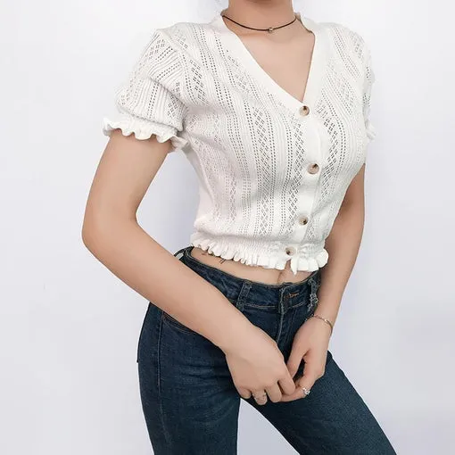 Sale Retro Frilled Edges Elegant Cropped Blouse