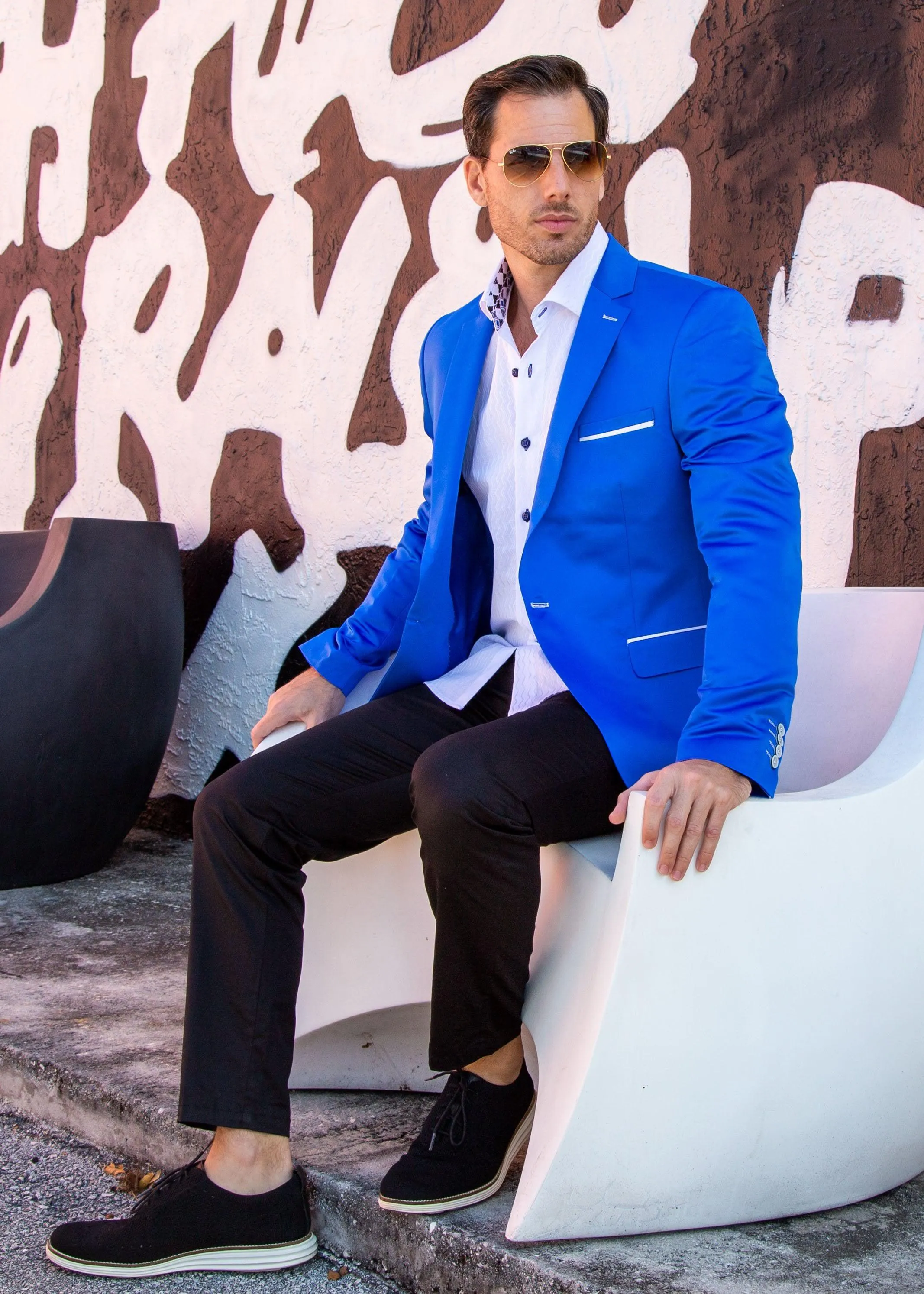 Satin Finish Evening Blazer Solid Blue