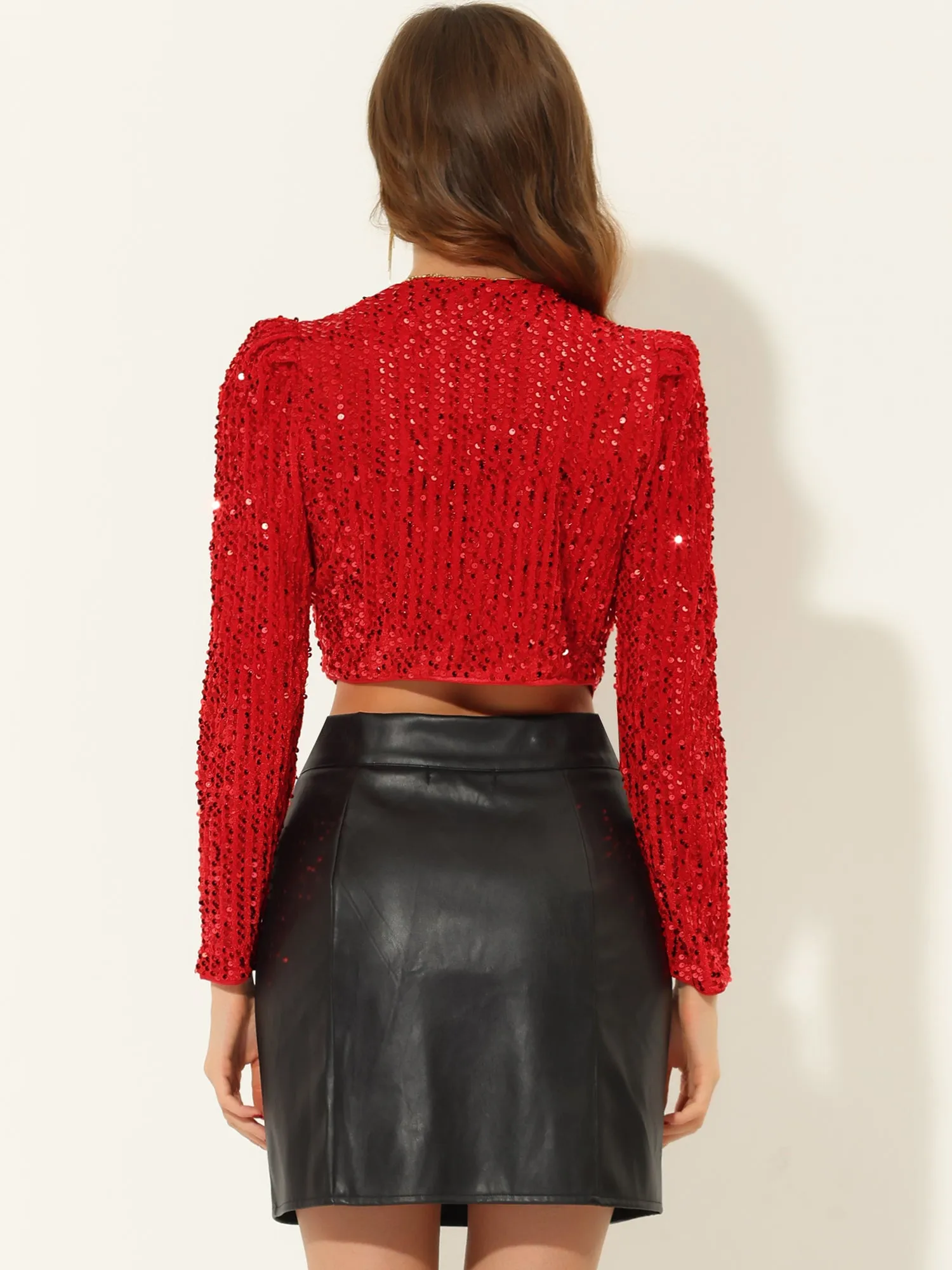 Sequin Shrug Open Front Collarless Sparkly Crop Blazer Jacket