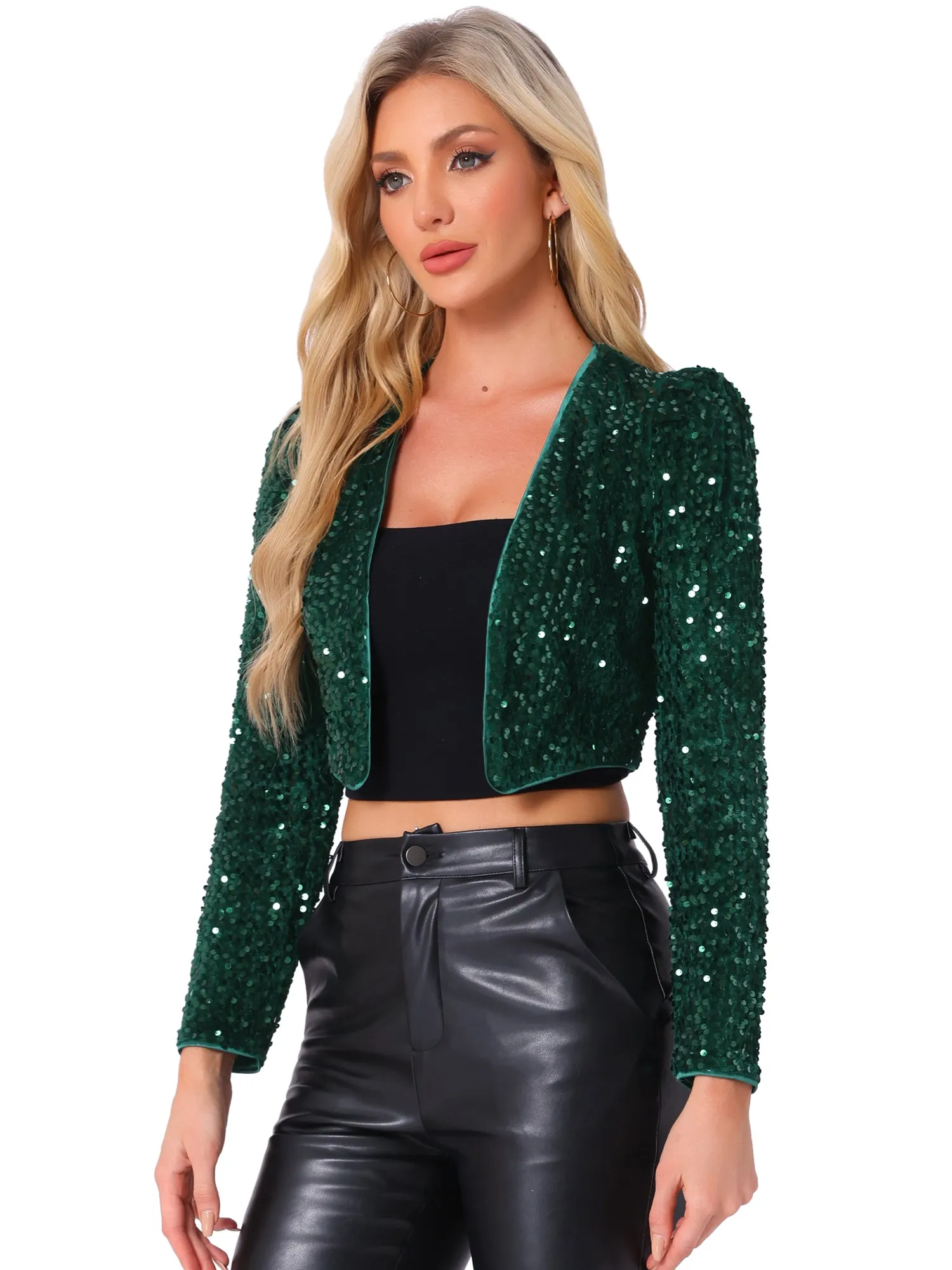 Sequin Shrug Open Front Collarless Sparkly Crop Blazer Jacket