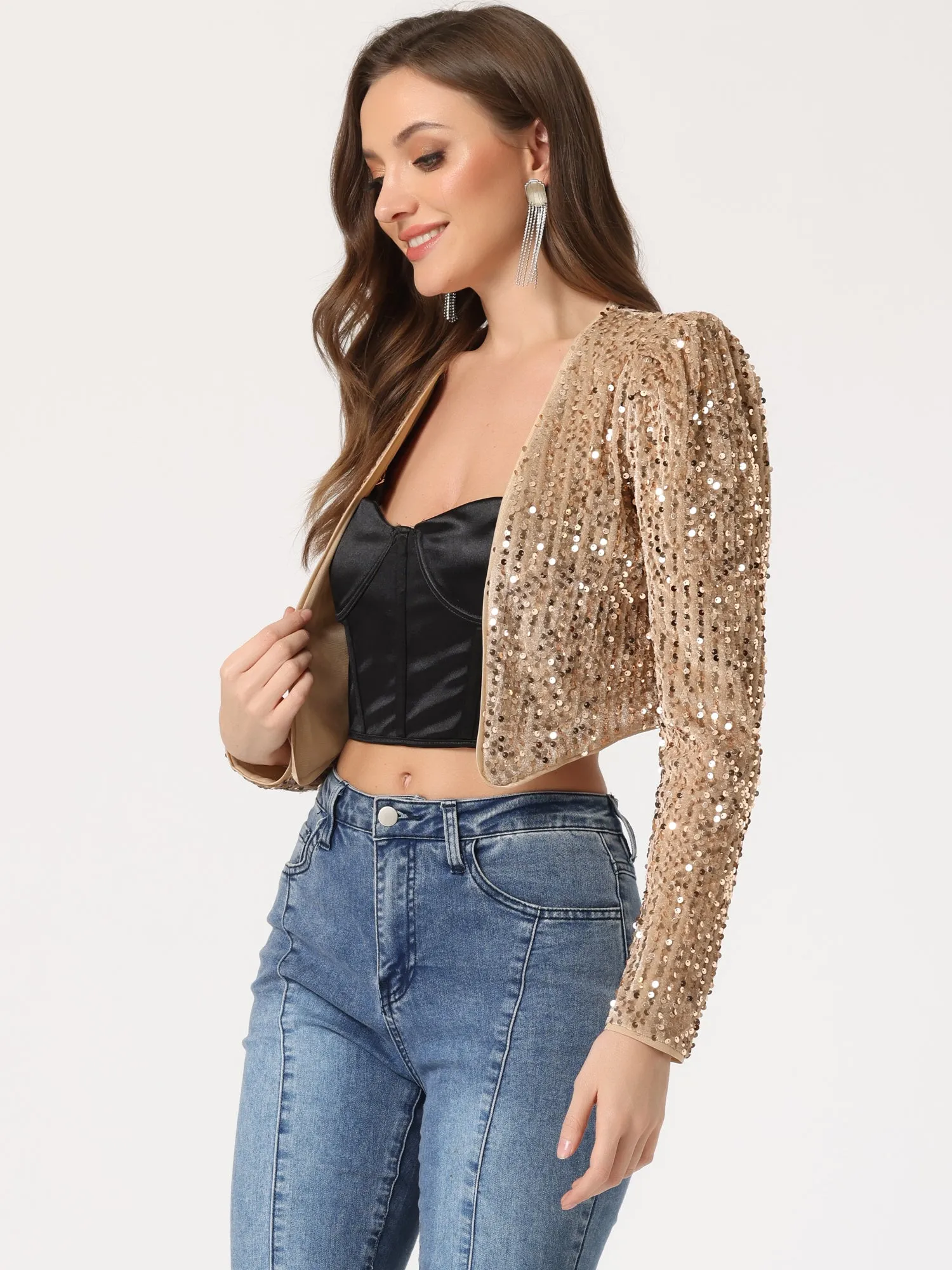 Sequin Shrug Open Front Collarless Sparkly Crop Blazer Jacket