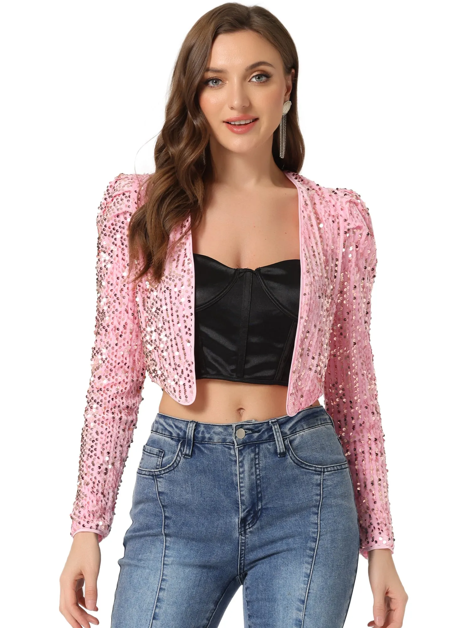 Sequin Shrug Open Front Collarless Sparkly Crop Blazer Jacket