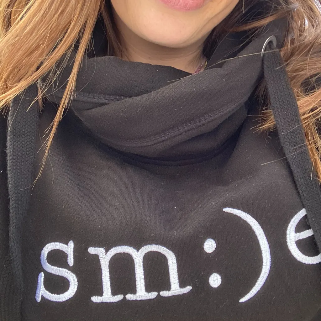 Smile Embroidered Cowl Neck Hoodie