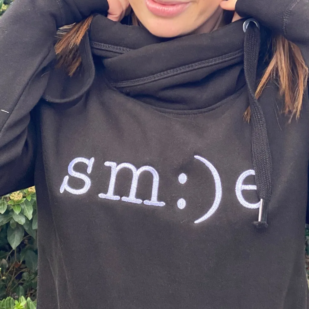 Smile Embroidered Cowl Neck Hoodie