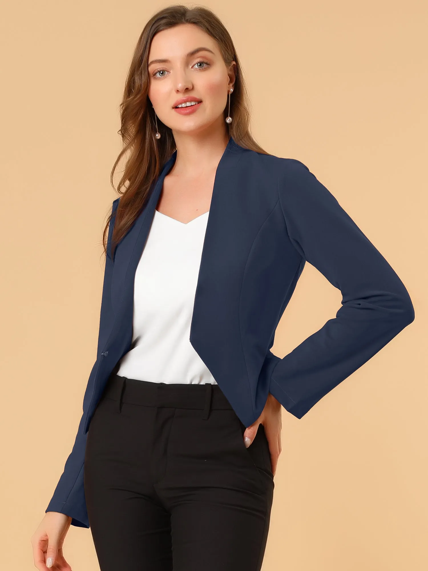 Solid Color Collarless Cropped Office Blazer Jacket