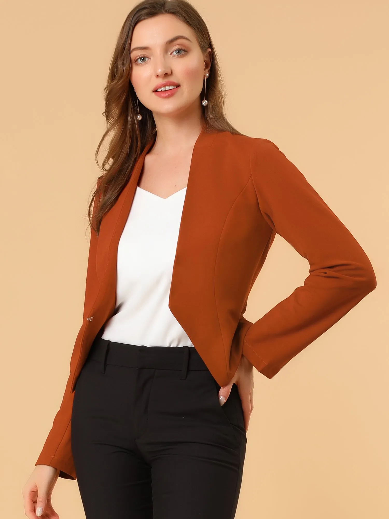 Solid Color Collarless Cropped Office Blazer Jacket