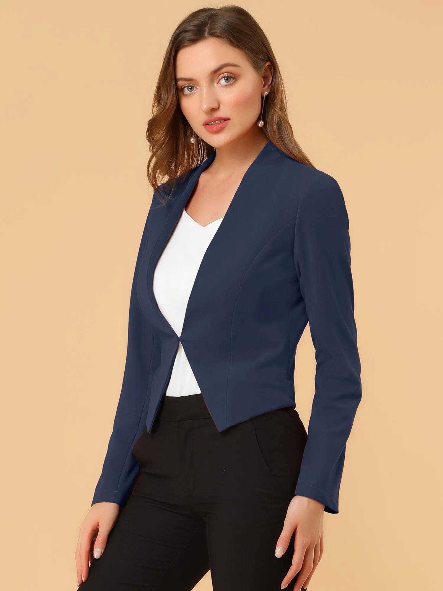 Solid Color Collarless Cropped Office Blazer Jacket