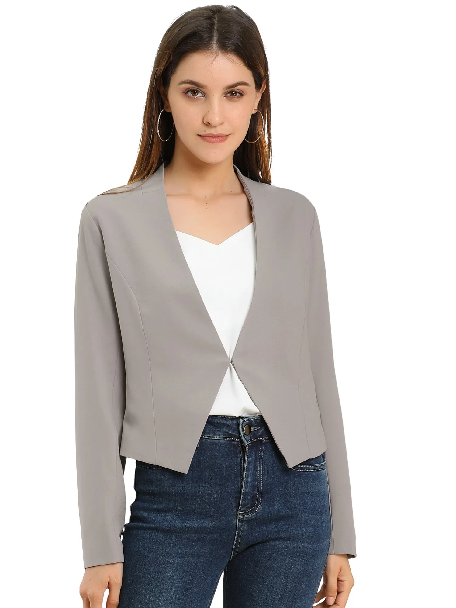 Solid Color Collarless Cropped Office Blazer Jacket