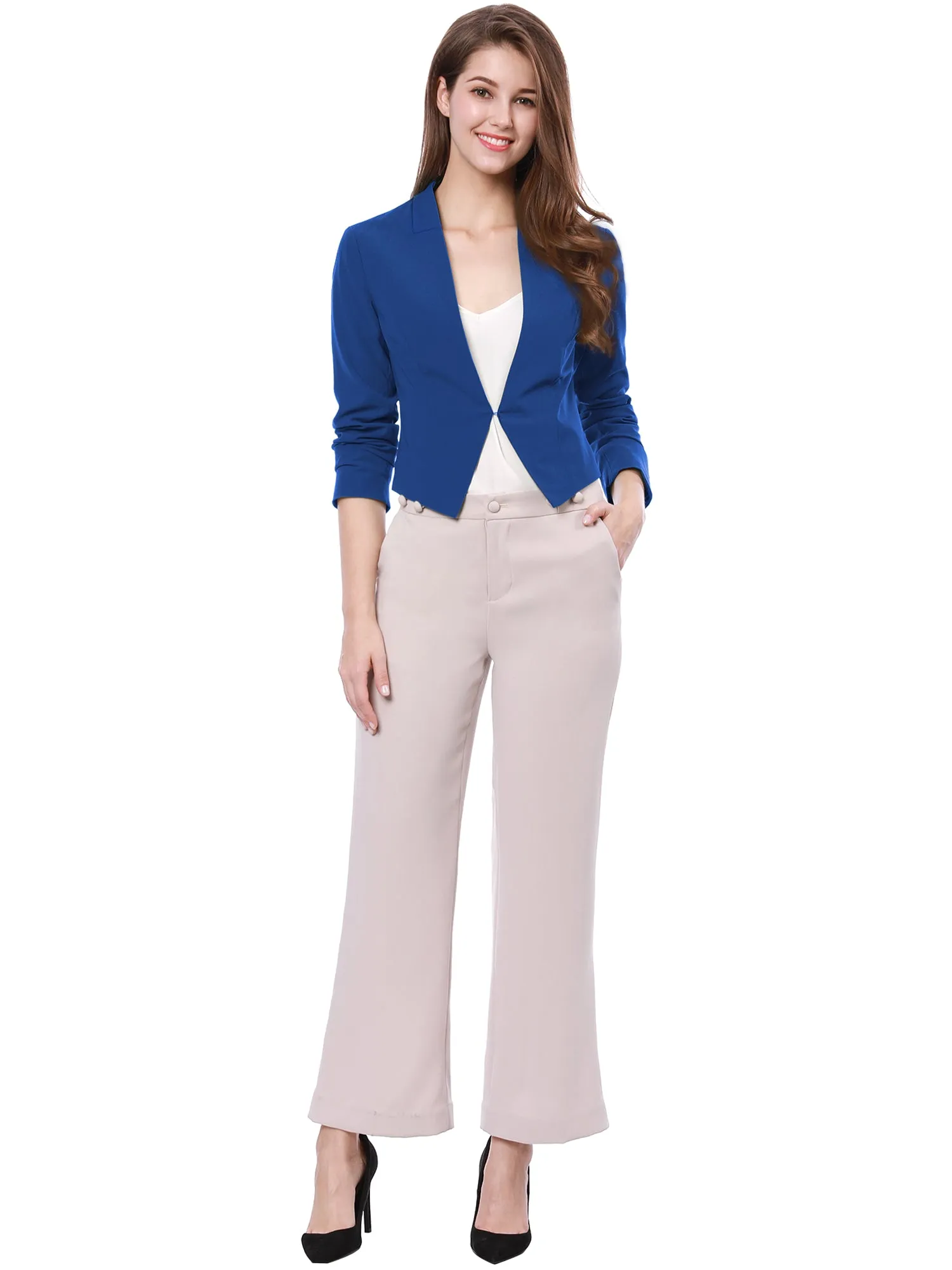 Solid Color Collarless Cropped Office Blazer Jacket