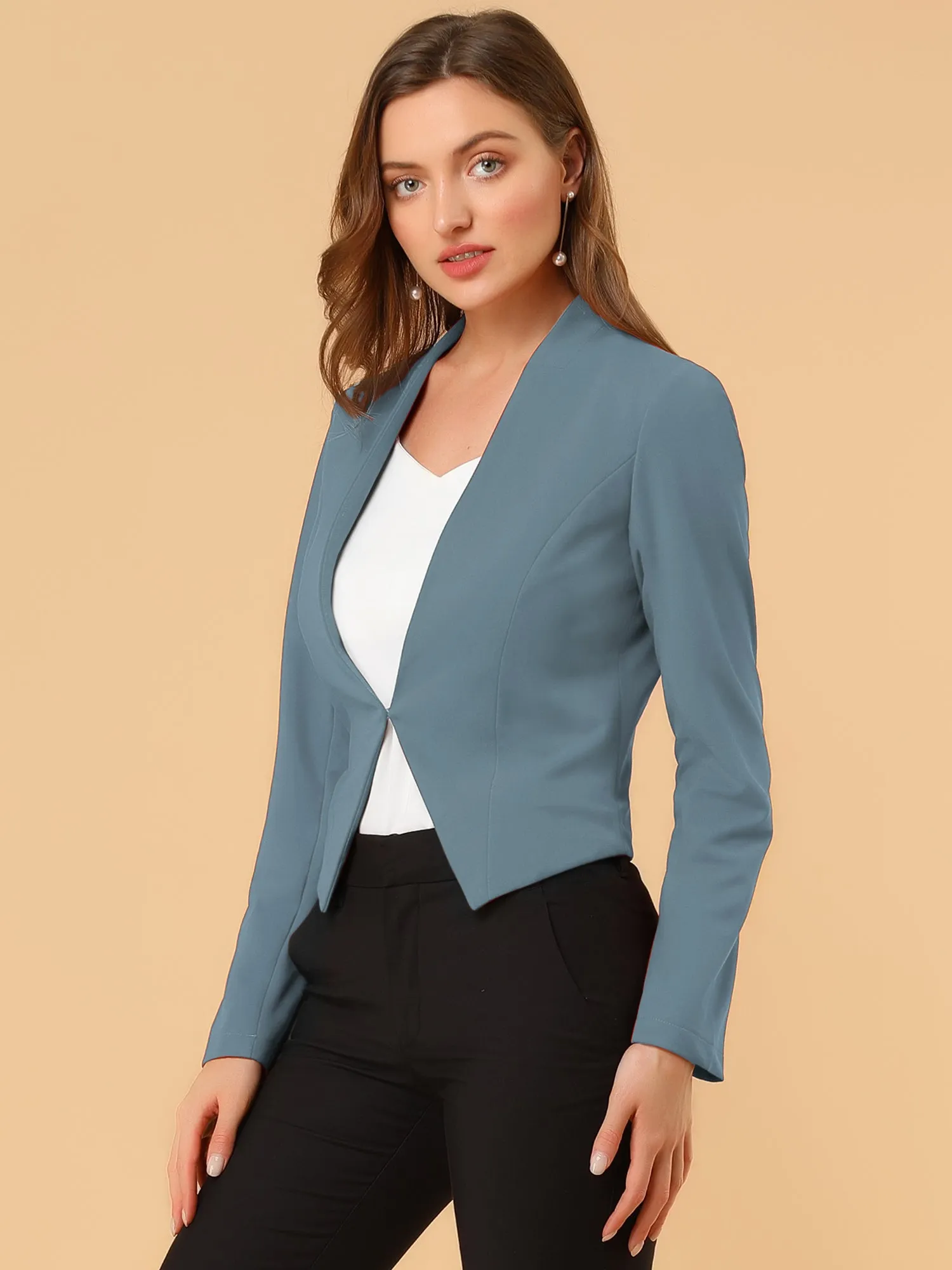 Solid Color Collarless Cropped Office Blazer Jacket