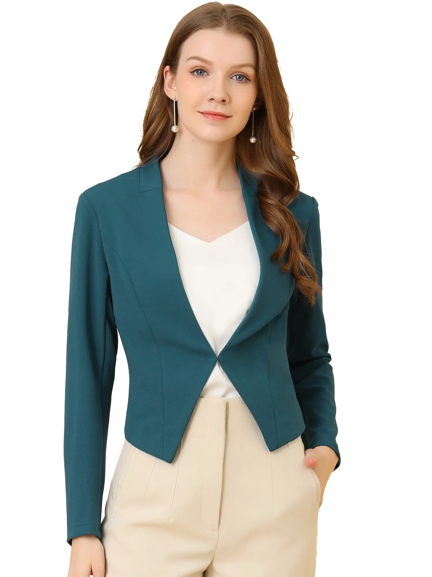 Solid Color Collarless Cropped Office Blazer Jacket