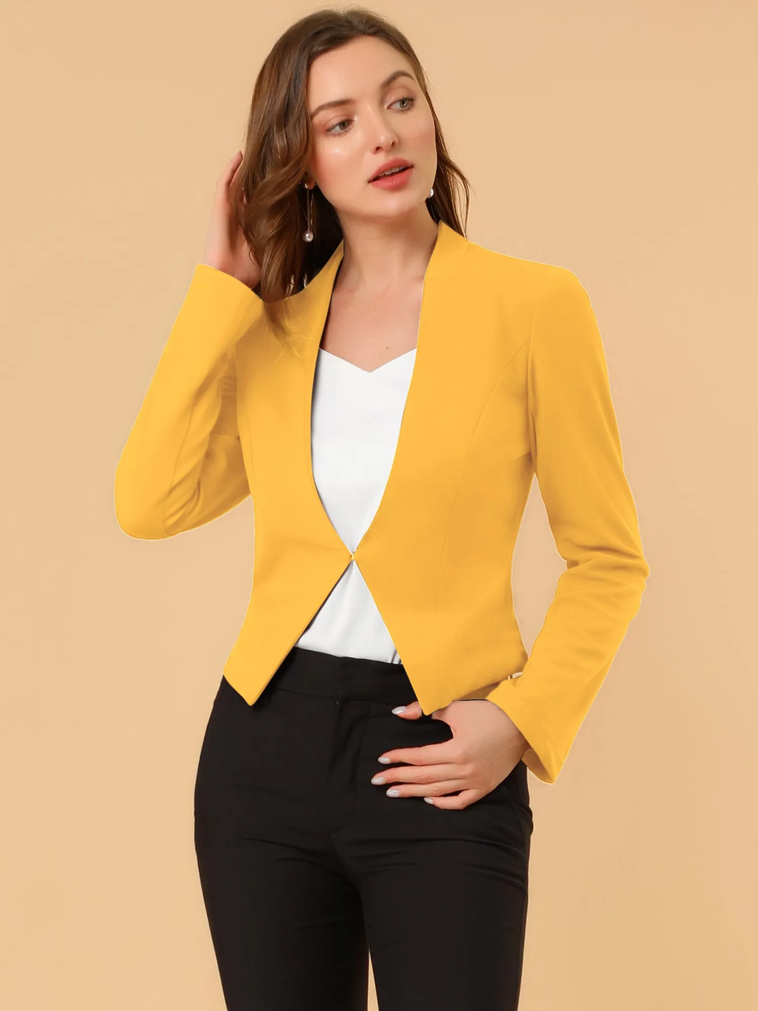 Solid Color Collarless Cropped Office Blazer Jacket