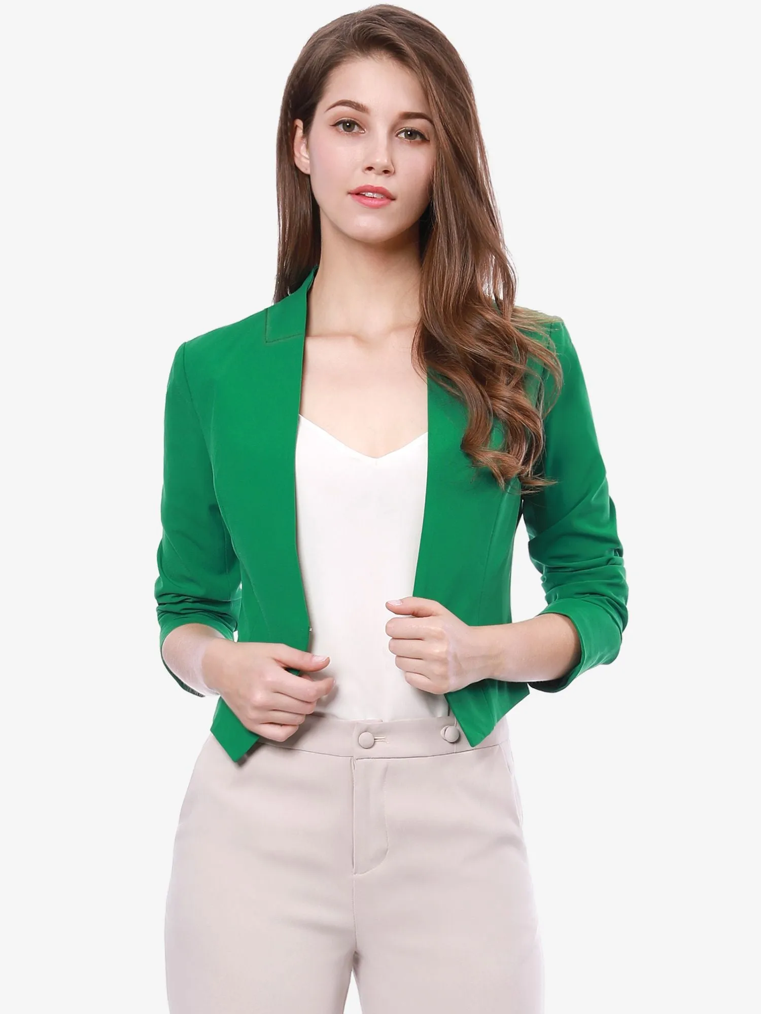 Solid Color Collarless Cropped Office Blazer Jacket