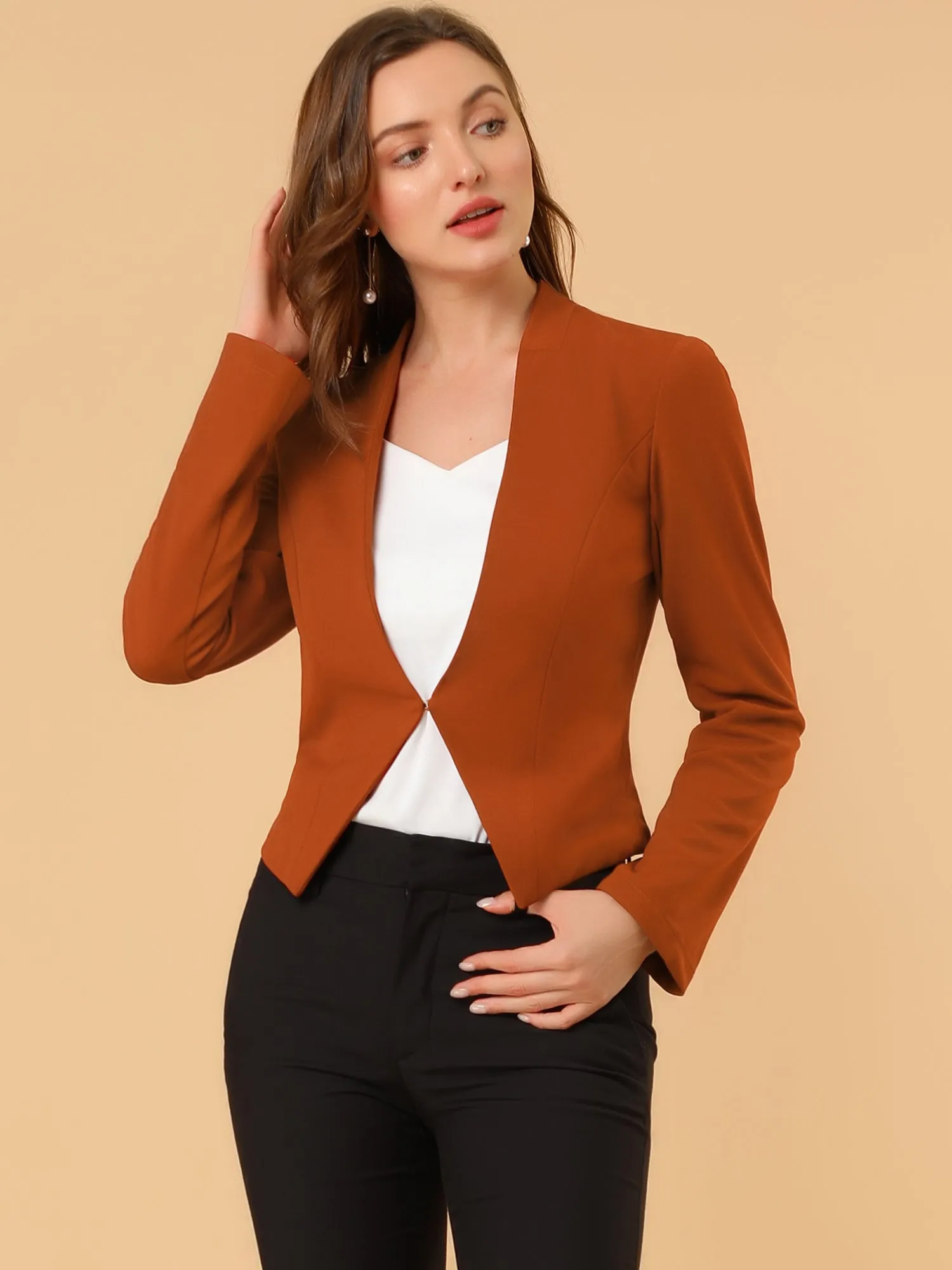 Solid Color Collarless Cropped Office Blazer Jacket