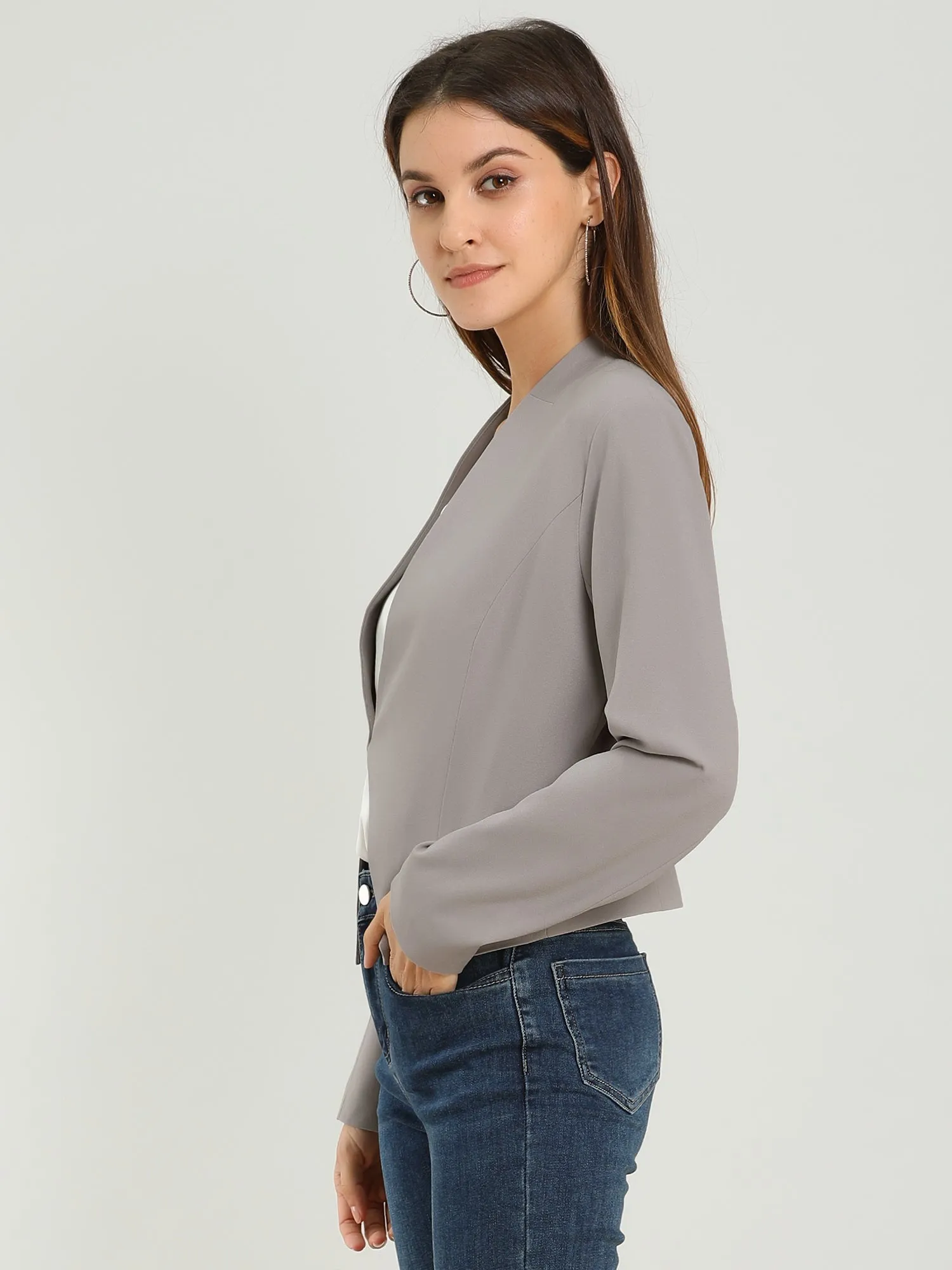 Solid Color Collarless Cropped Office Blazer Jacket