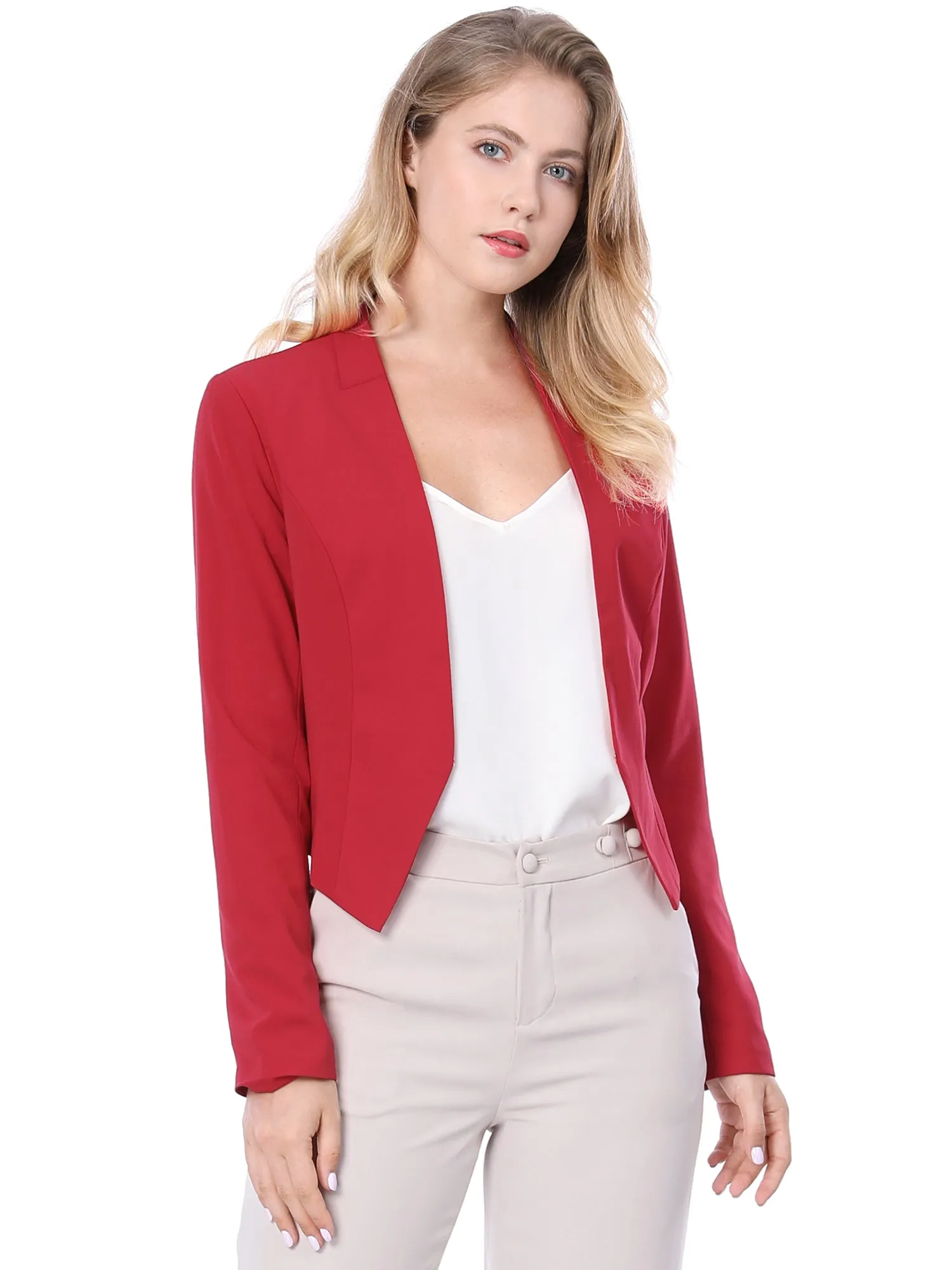 Solid Color Collarless Cropped Office Blazer Jacket