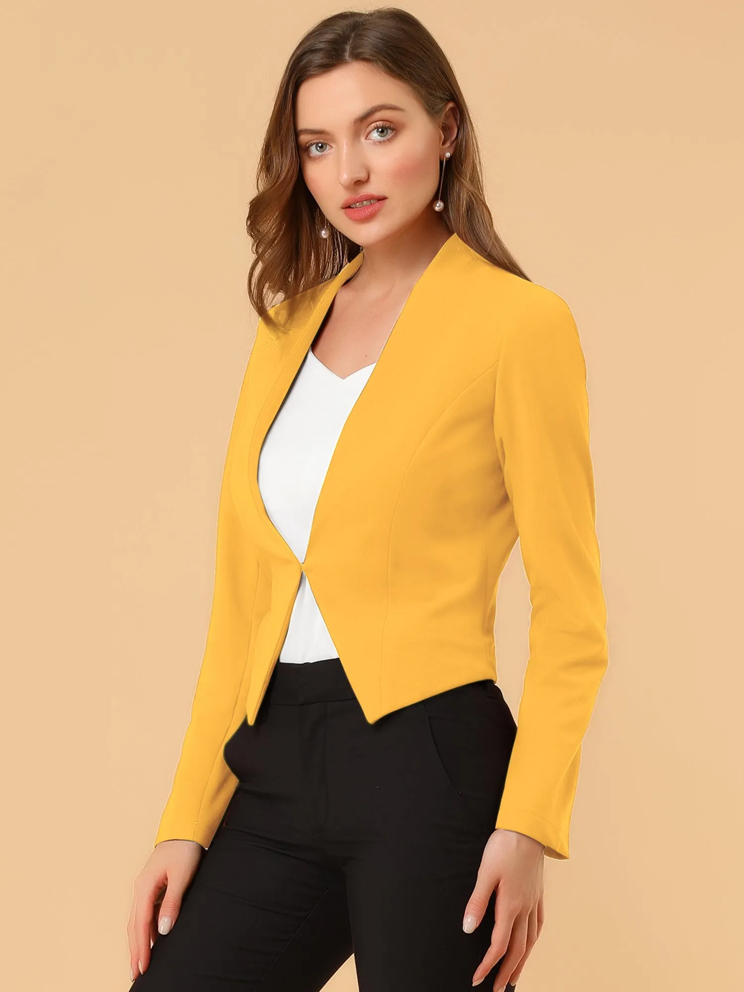 Solid Color Collarless Cropped Office Blazer Jacket