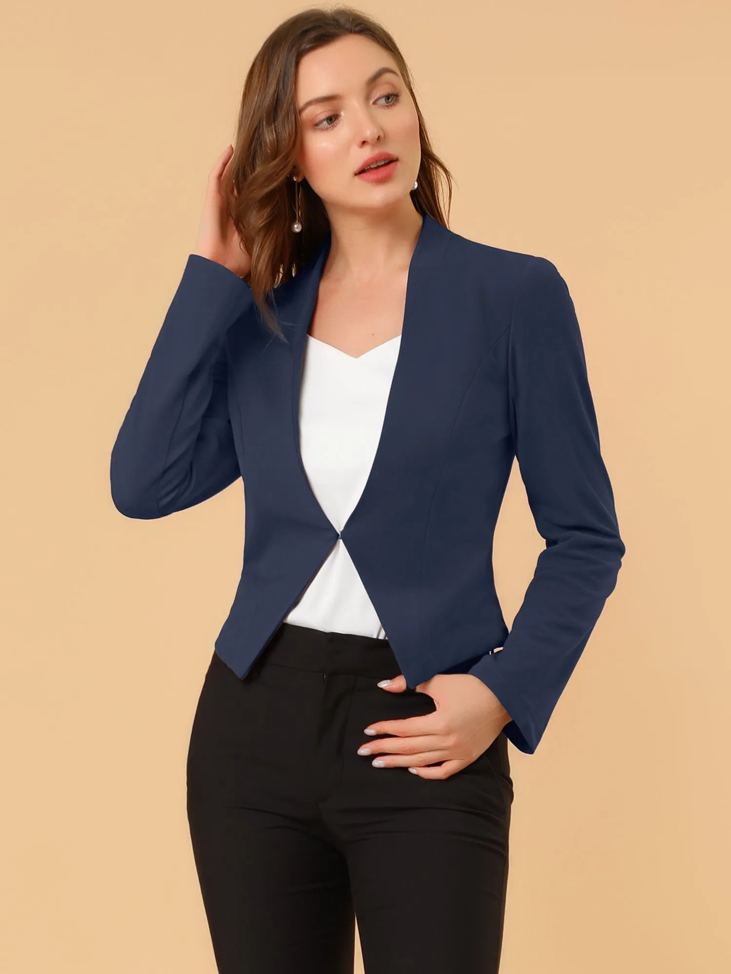 Solid Color Collarless Cropped Office Blazer Jacket