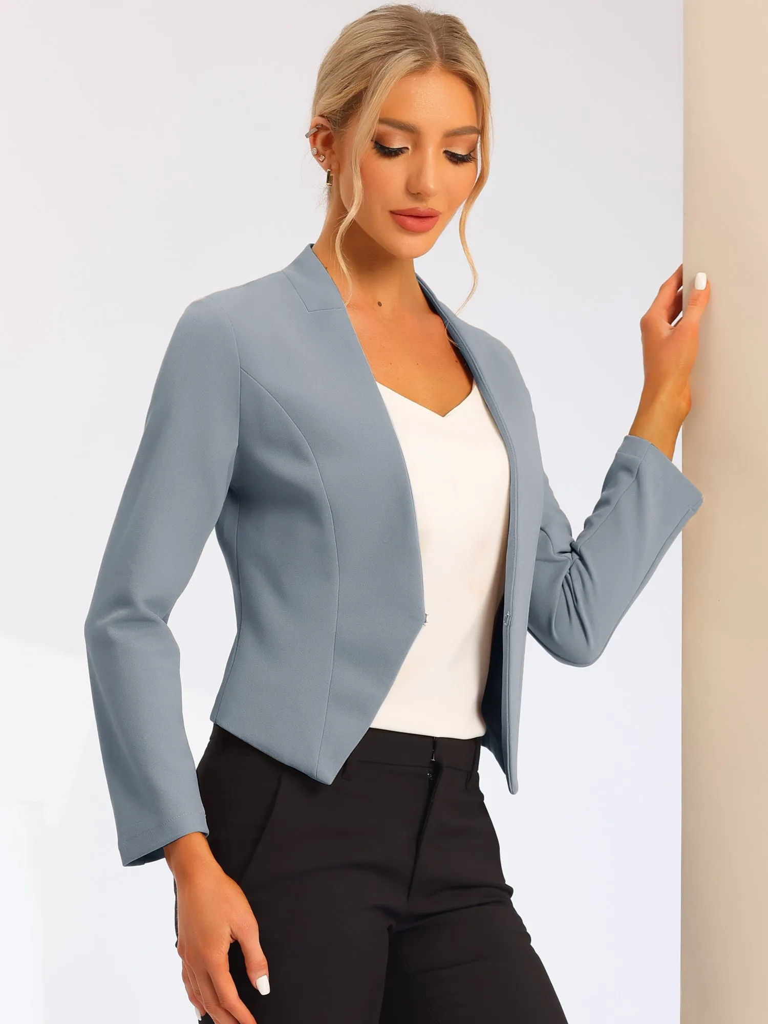 Solid Color Collarless Cropped Office Blazer Jacket