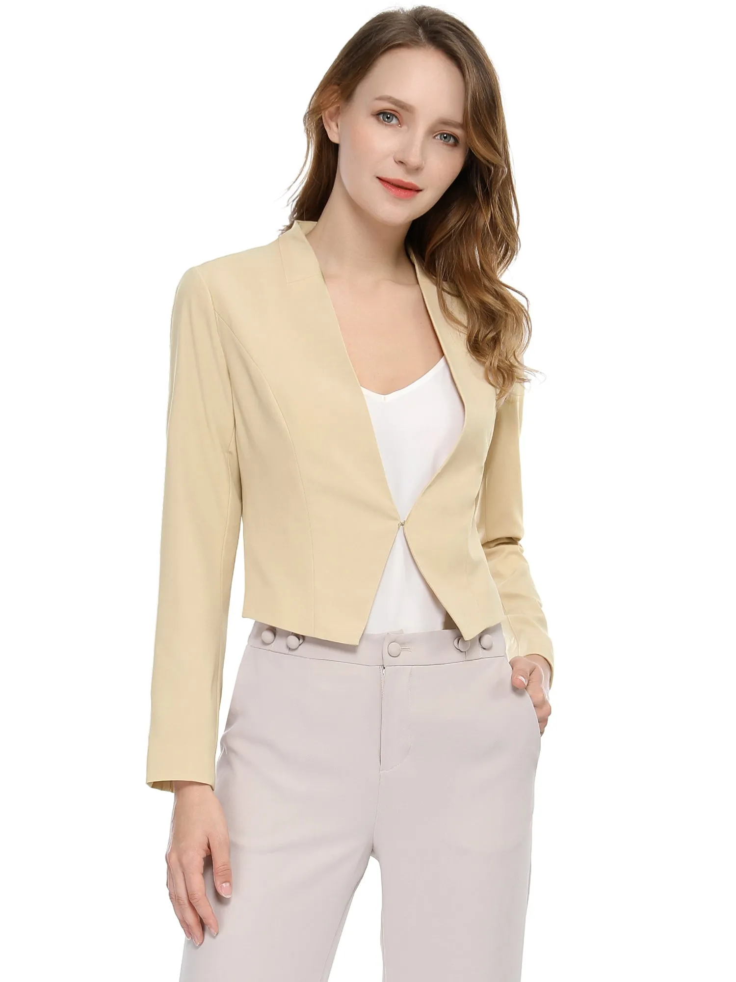 Solid Color Collarless Cropped Office Blazer Jacket