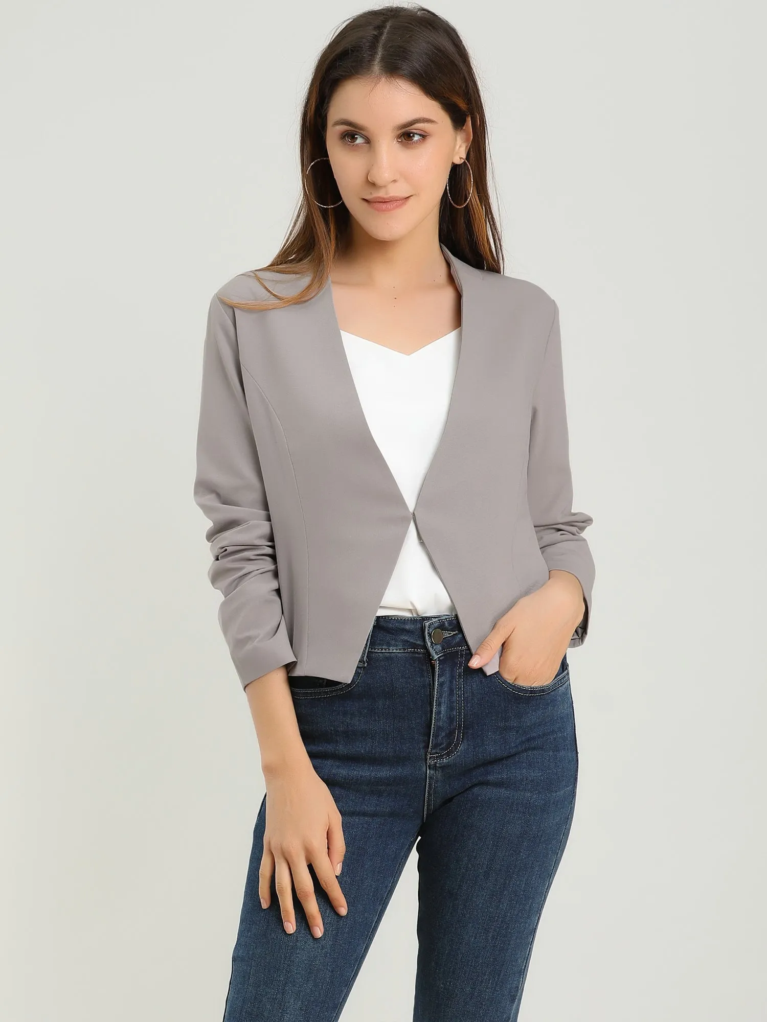 Solid Color Collarless Cropped Office Blazer Jacket