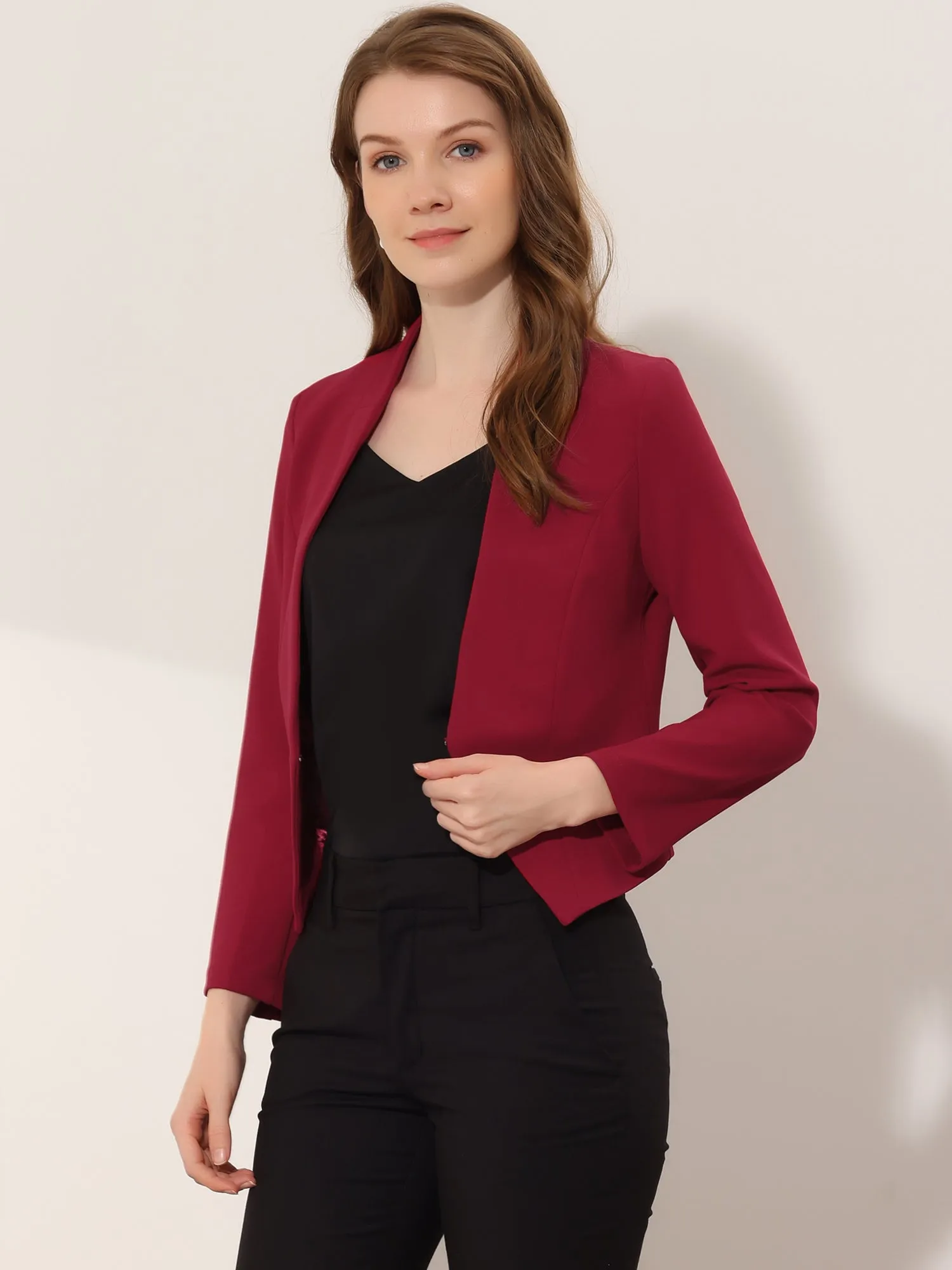 Solid Color Collarless Cropped Office Blazer Jacket