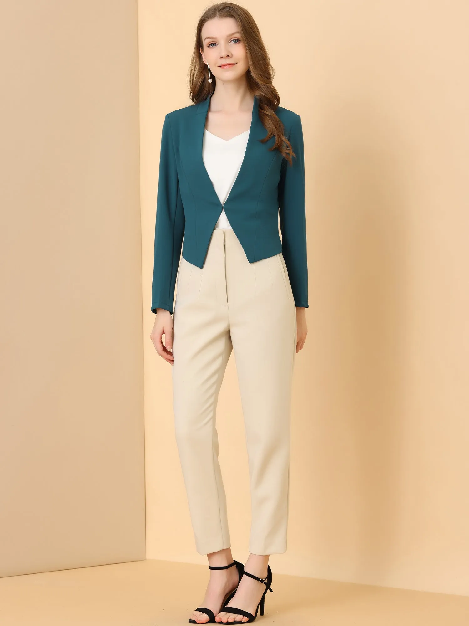 Solid Color Collarless Cropped Office Blazer Jacket