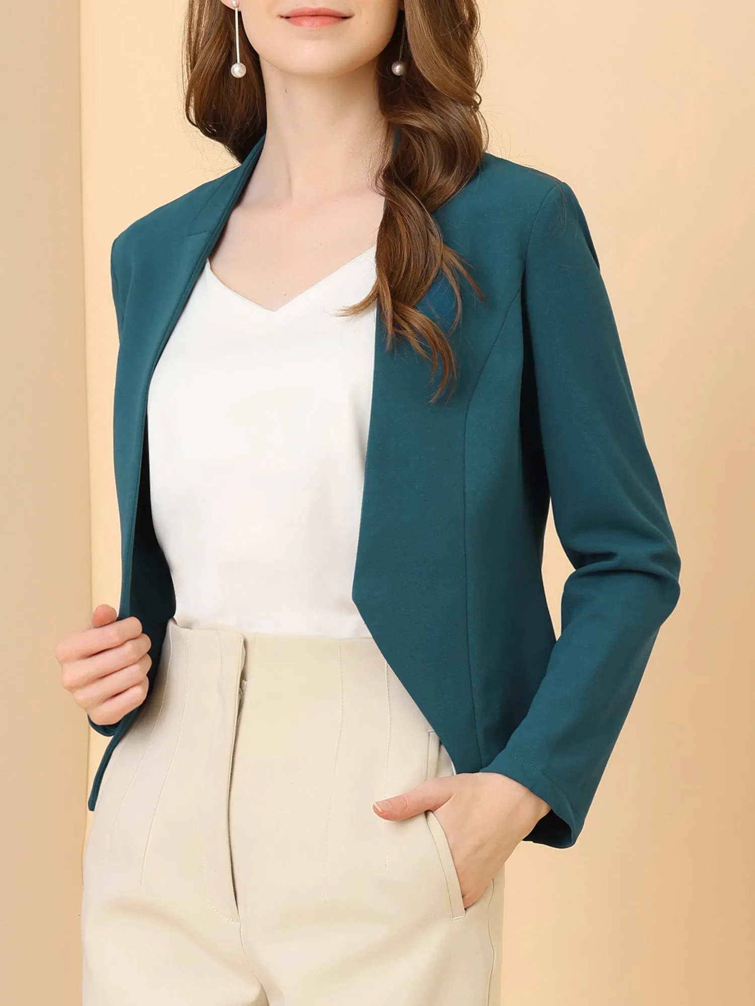 Solid Color Collarless Cropped Office Blazer Jacket