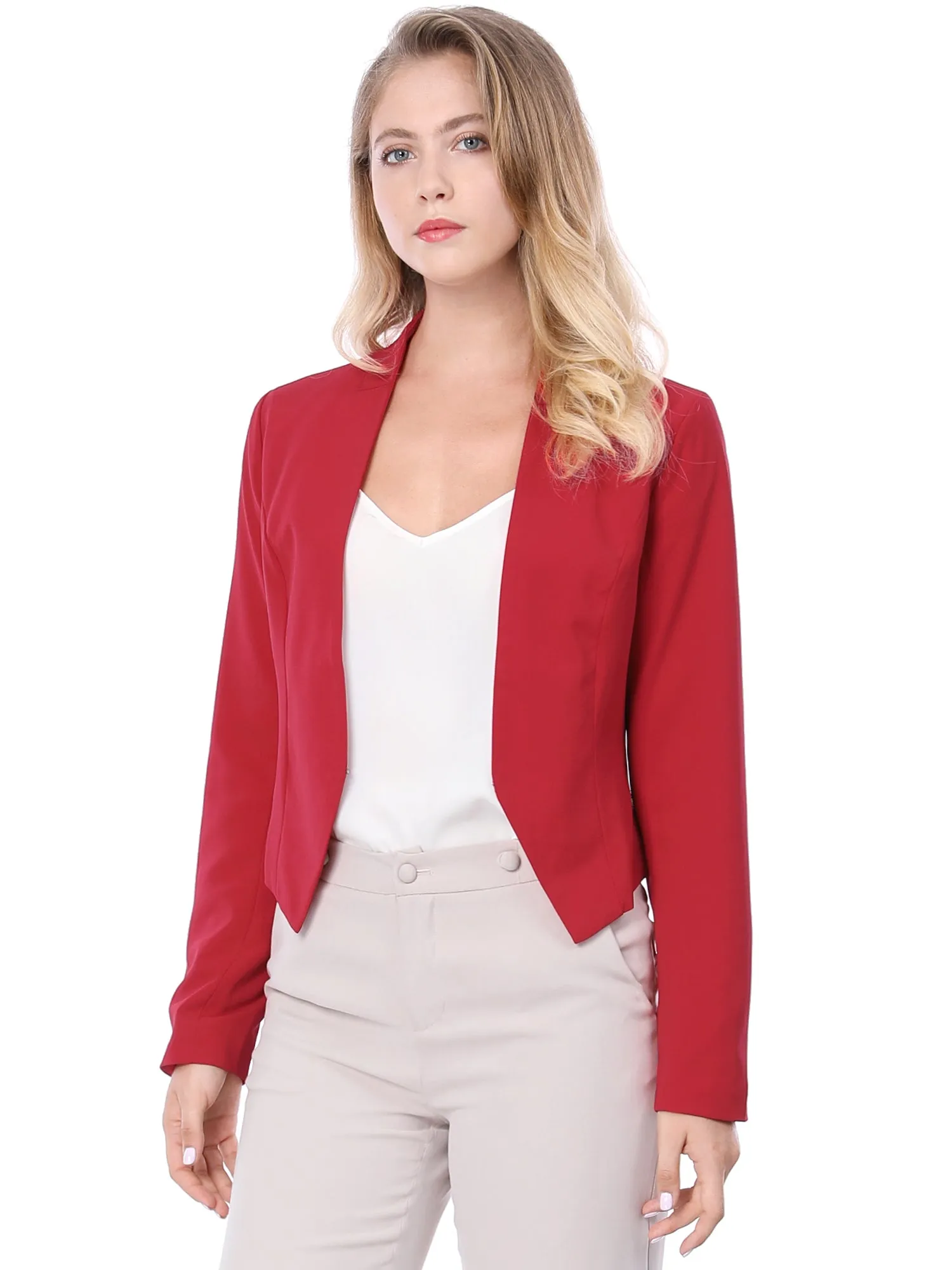 Solid Color Collarless Cropped Office Blazer Jacket