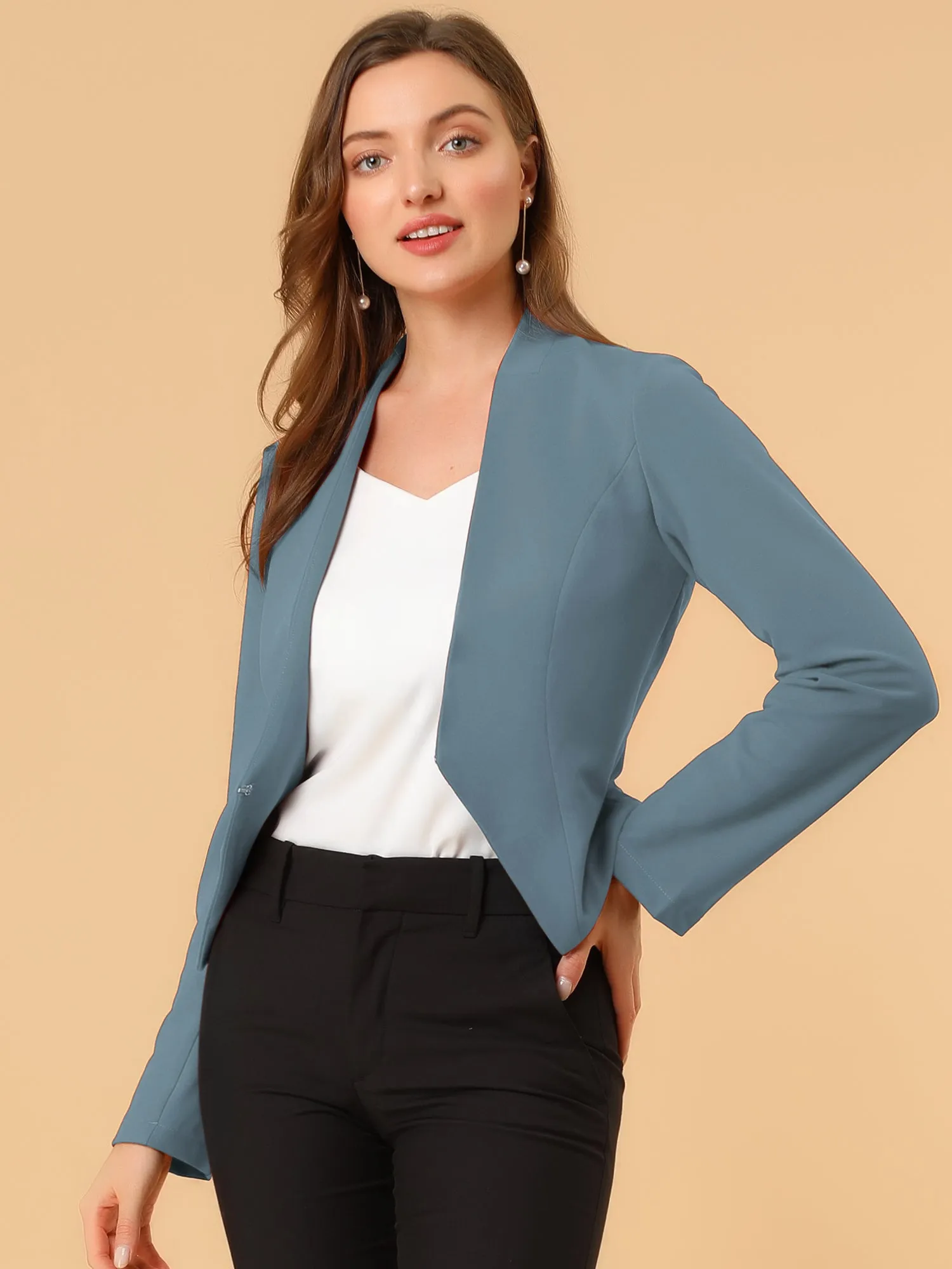 Solid Color Collarless Cropped Office Blazer Jacket