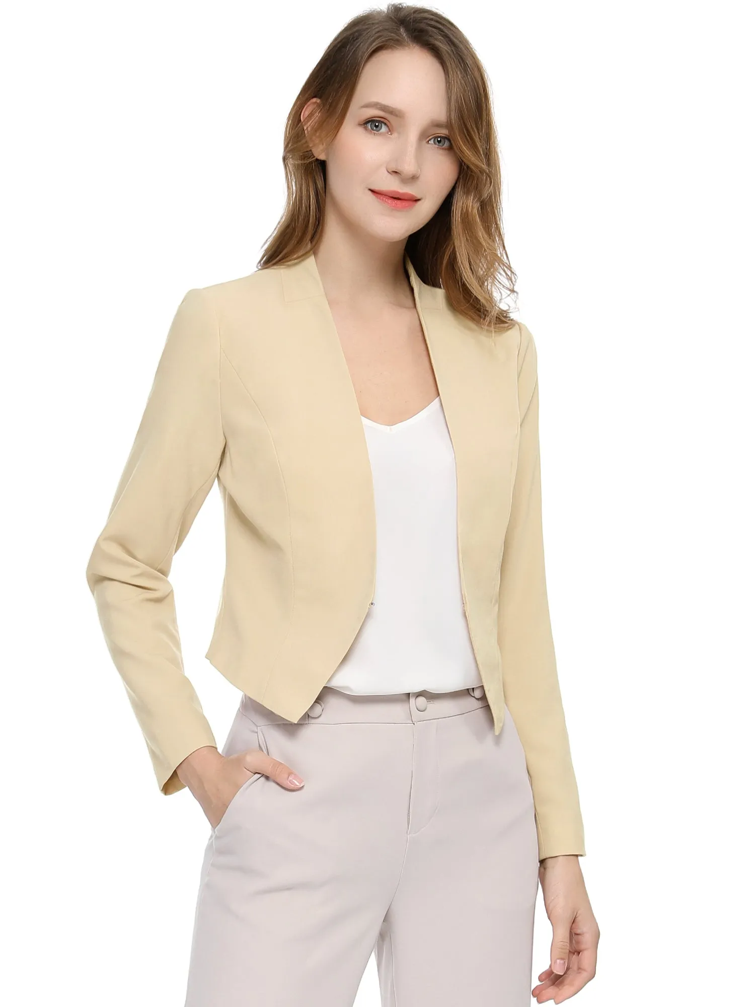 Solid Color Collarless Cropped Office Blazer Jacket