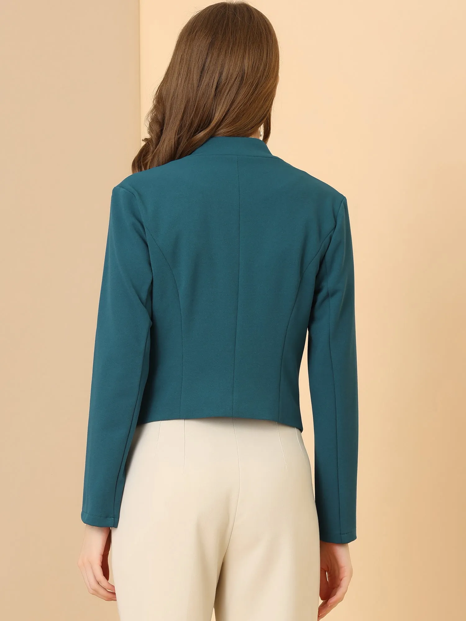 Solid Color Collarless Cropped Office Blazer Jacket