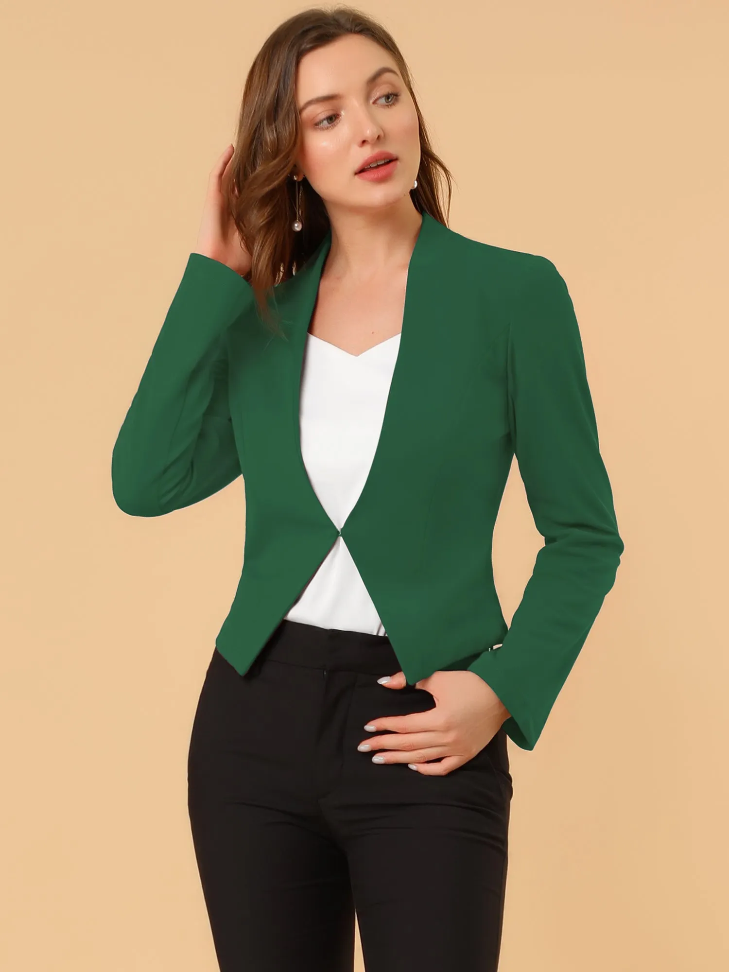 Solid Color Collarless Cropped Office Blazer Jacket