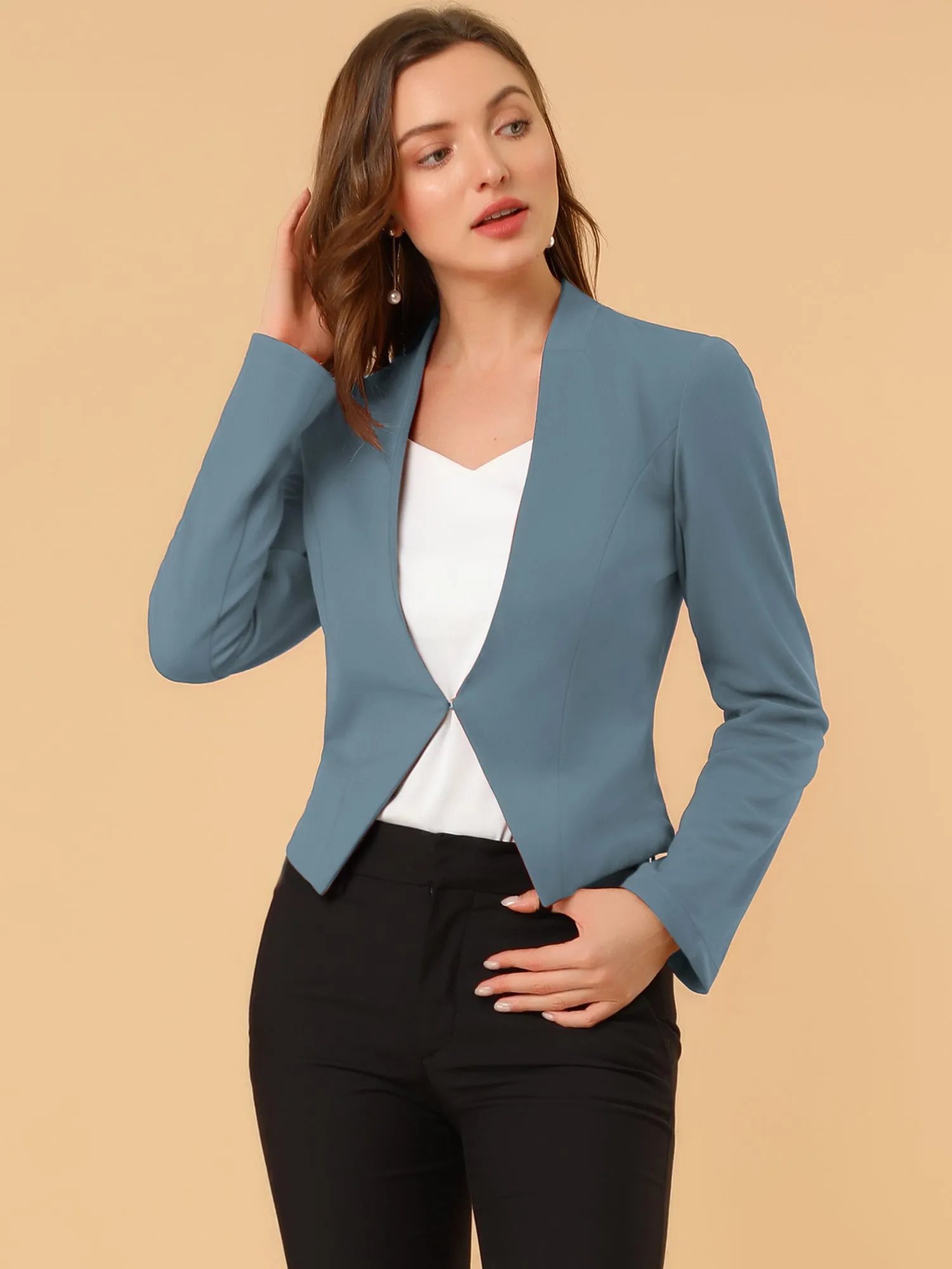 Solid Color Collarless Cropped Office Blazer Jacket