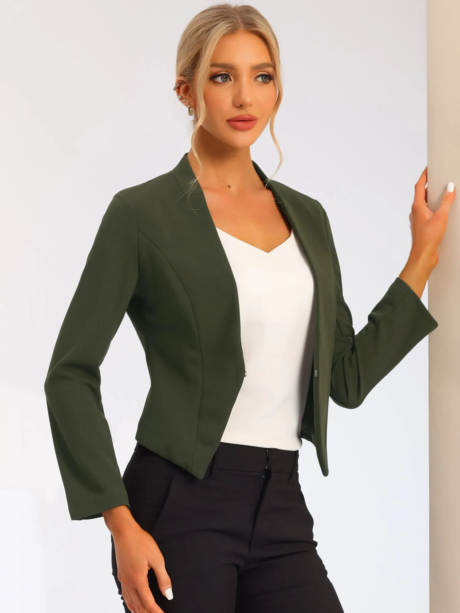 Solid Color Collarless Cropped Office Blazer Jacket