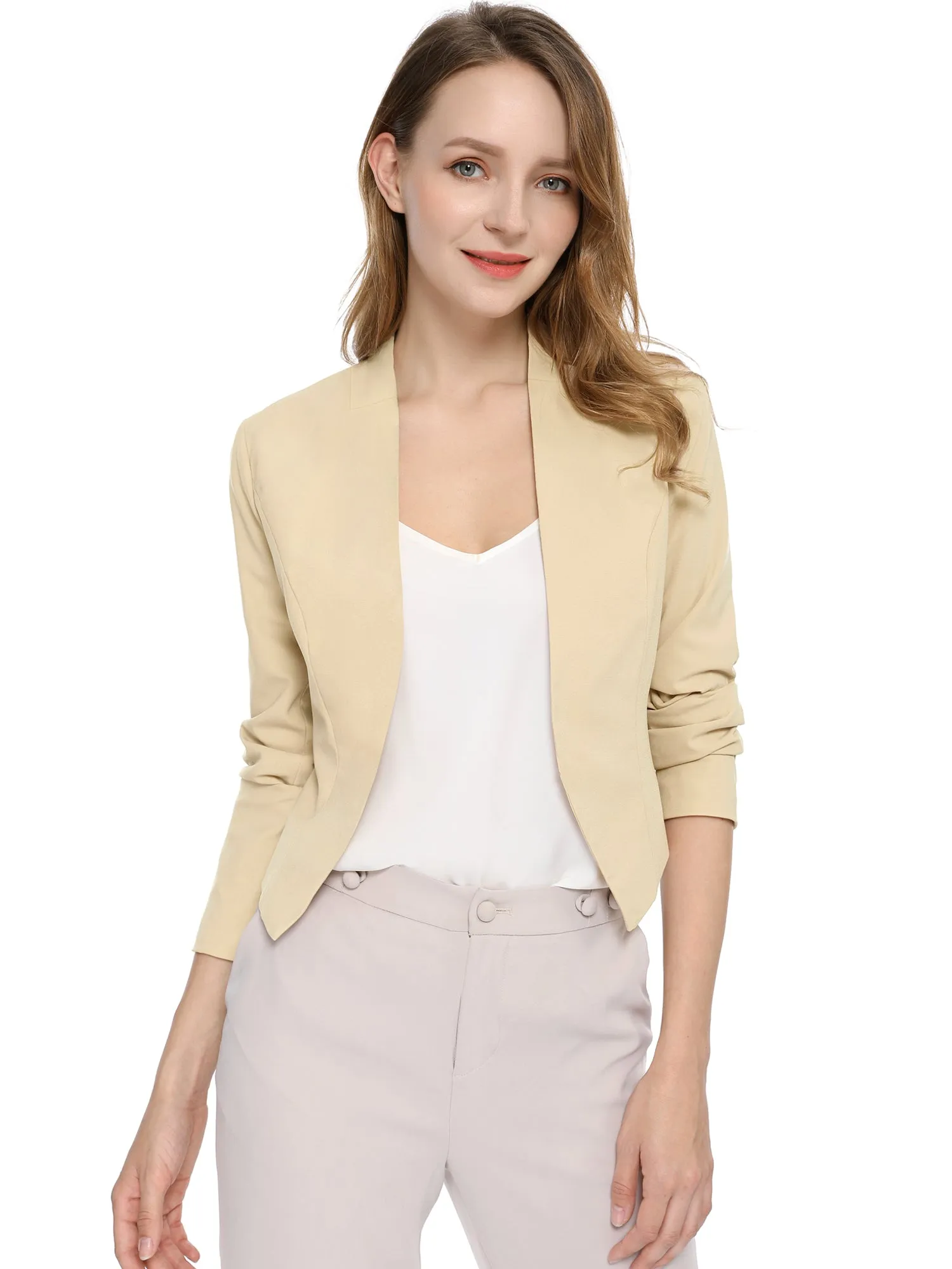 Solid Color Collarless Cropped Office Blazer Jacket