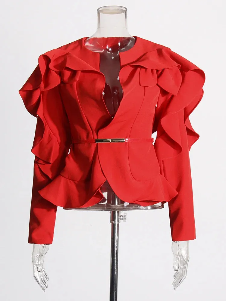 Solid Spliced Belt V Neck Long Sleeve Patchwork Ruffles Blazer