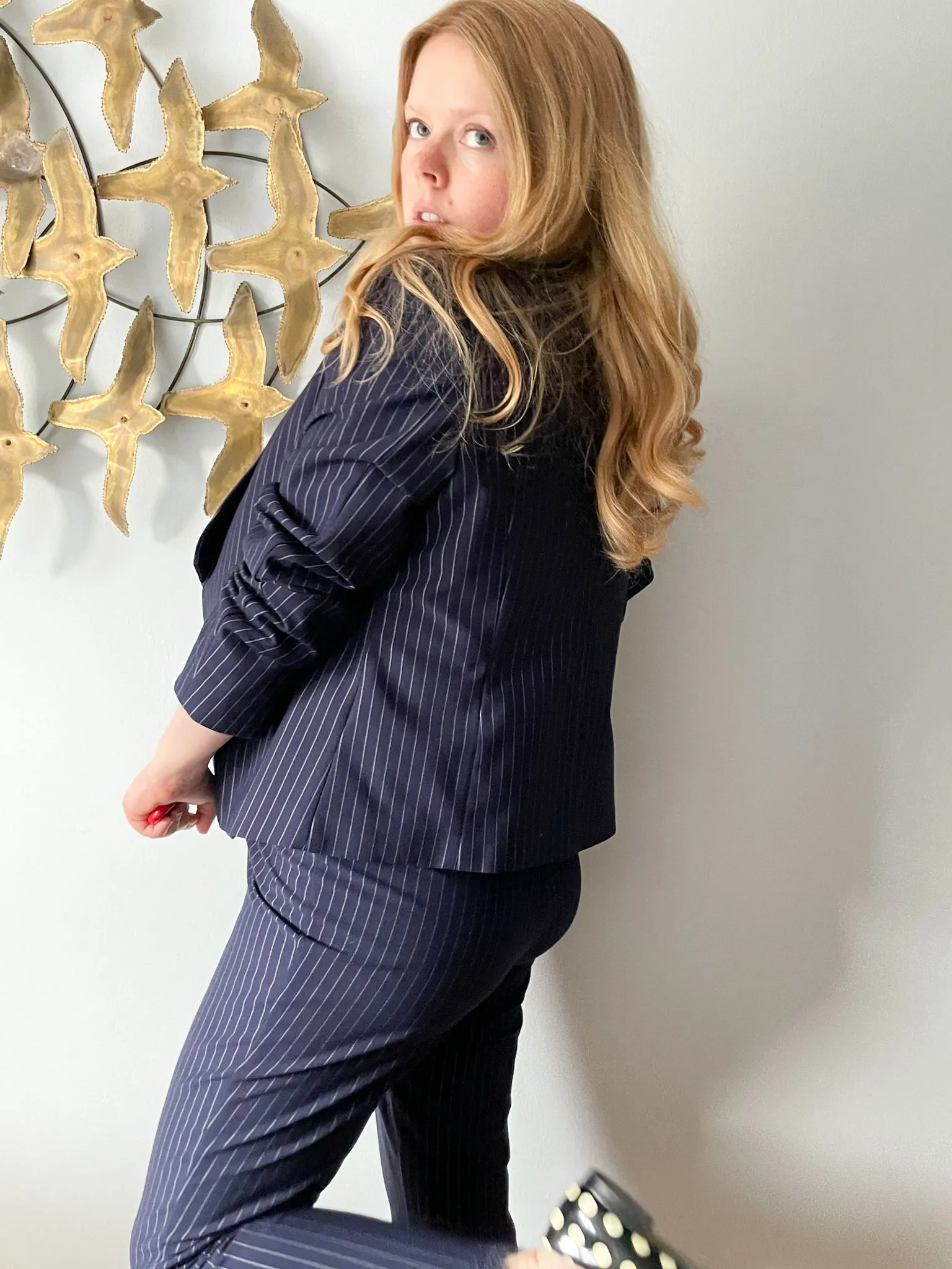 Spanner Navy Pinstripe Lace Trimmed Stretch Blazer NWT - Size 12