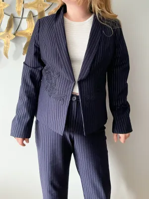 Spanner Navy Pinstripe Lace Trimmed Stretch Blazer NWT - Size 12