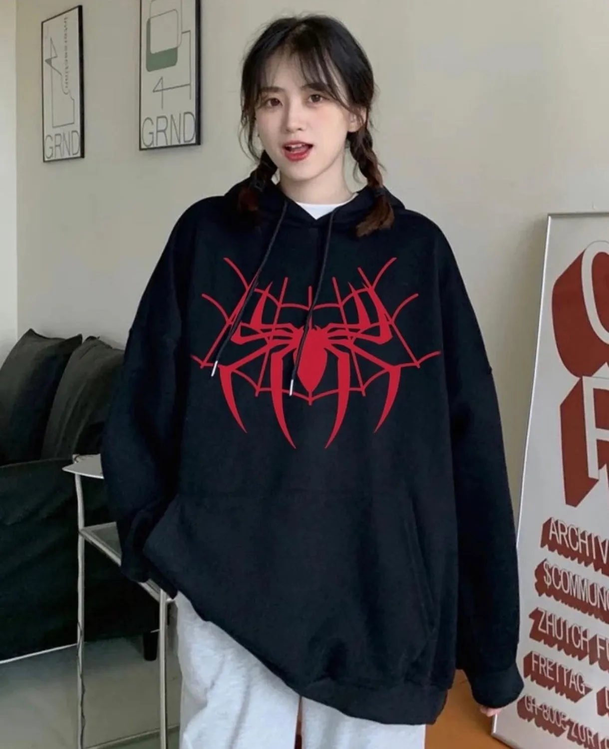 Spiderman Web Printed Oversized Full Sleeve Fleece Hoodie For Women - limited edition