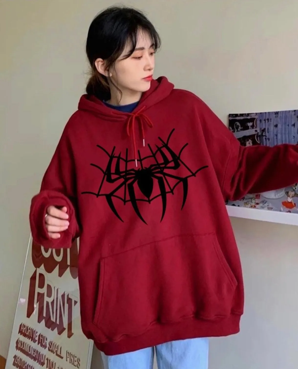 Spiderman Web Printed Oversized Full Sleeve Fleece Hoodie For Women - limited edition