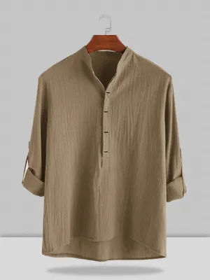 Stand Collar Cotton Linen Style Long Sleeve Shirt