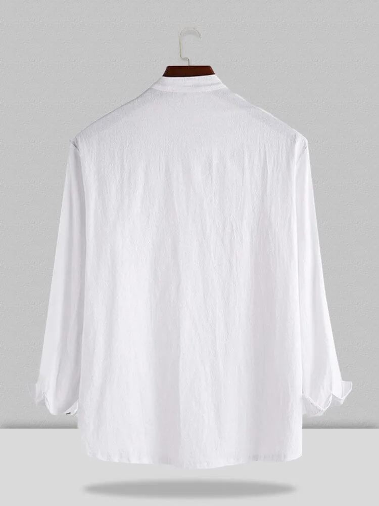 Stand Collar Cotton Linen Style Long Sleeve Shirt