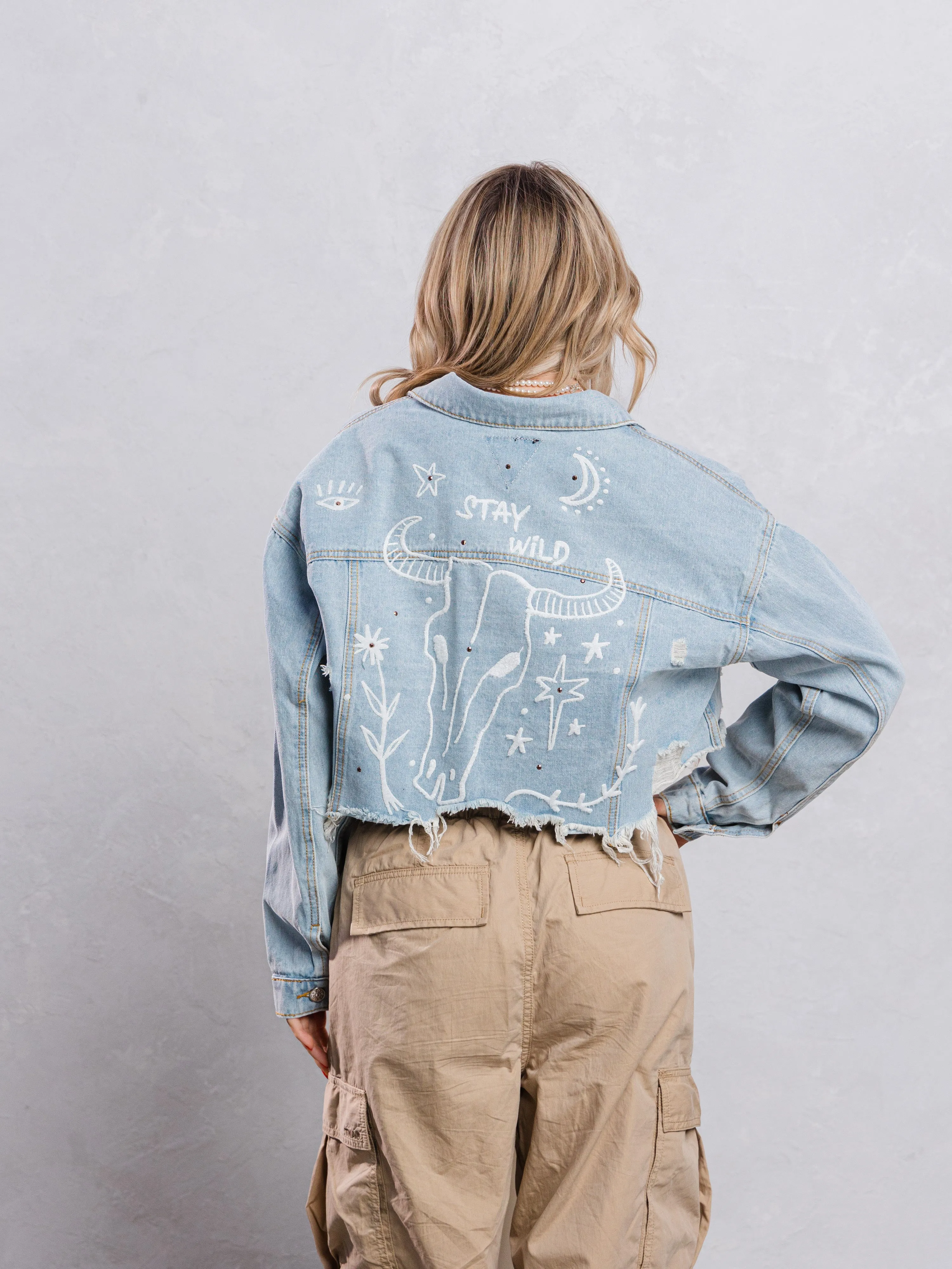 STAY WILD Crop Denim Jacket