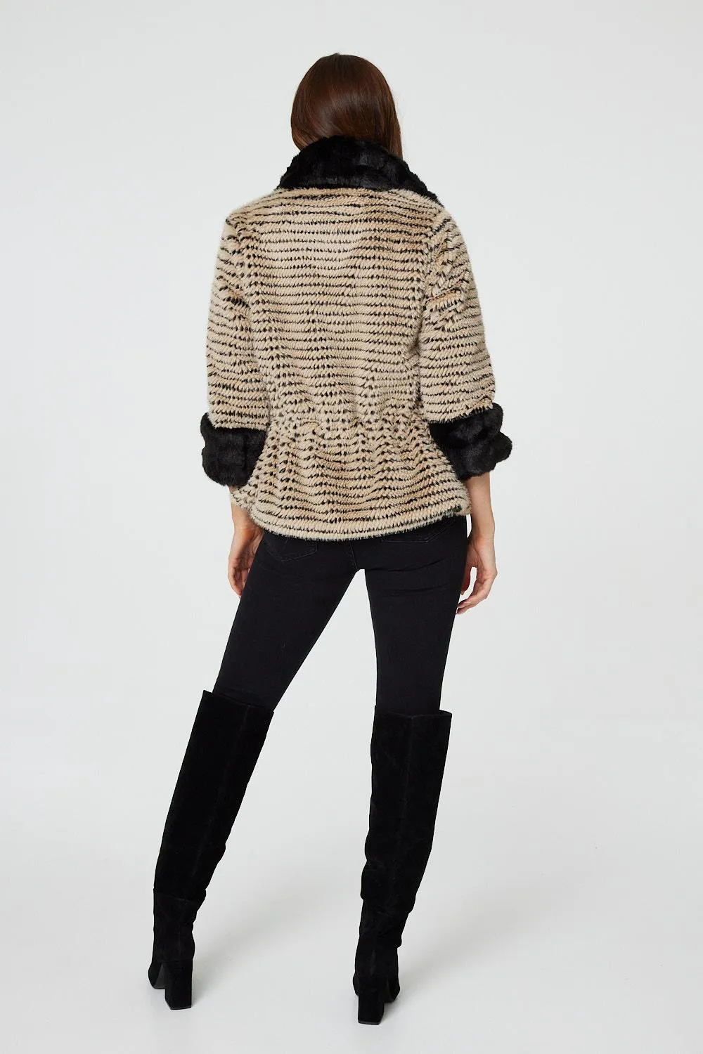 Striped Faux Fur 3/4 Sleeve Jacket